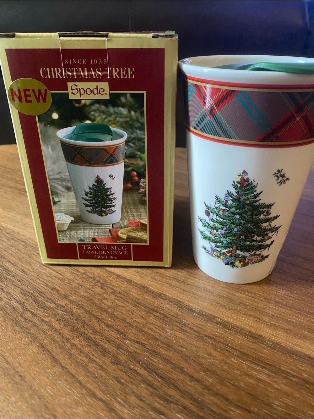 Spode Christmas Tree Travel Mug in White with Green and Red Plaid